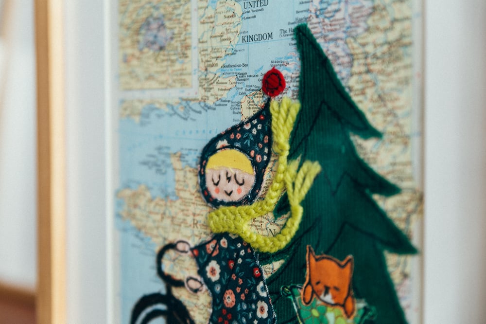 Image of Joyride! - Free Motion machine embroidery on vintage atlas page