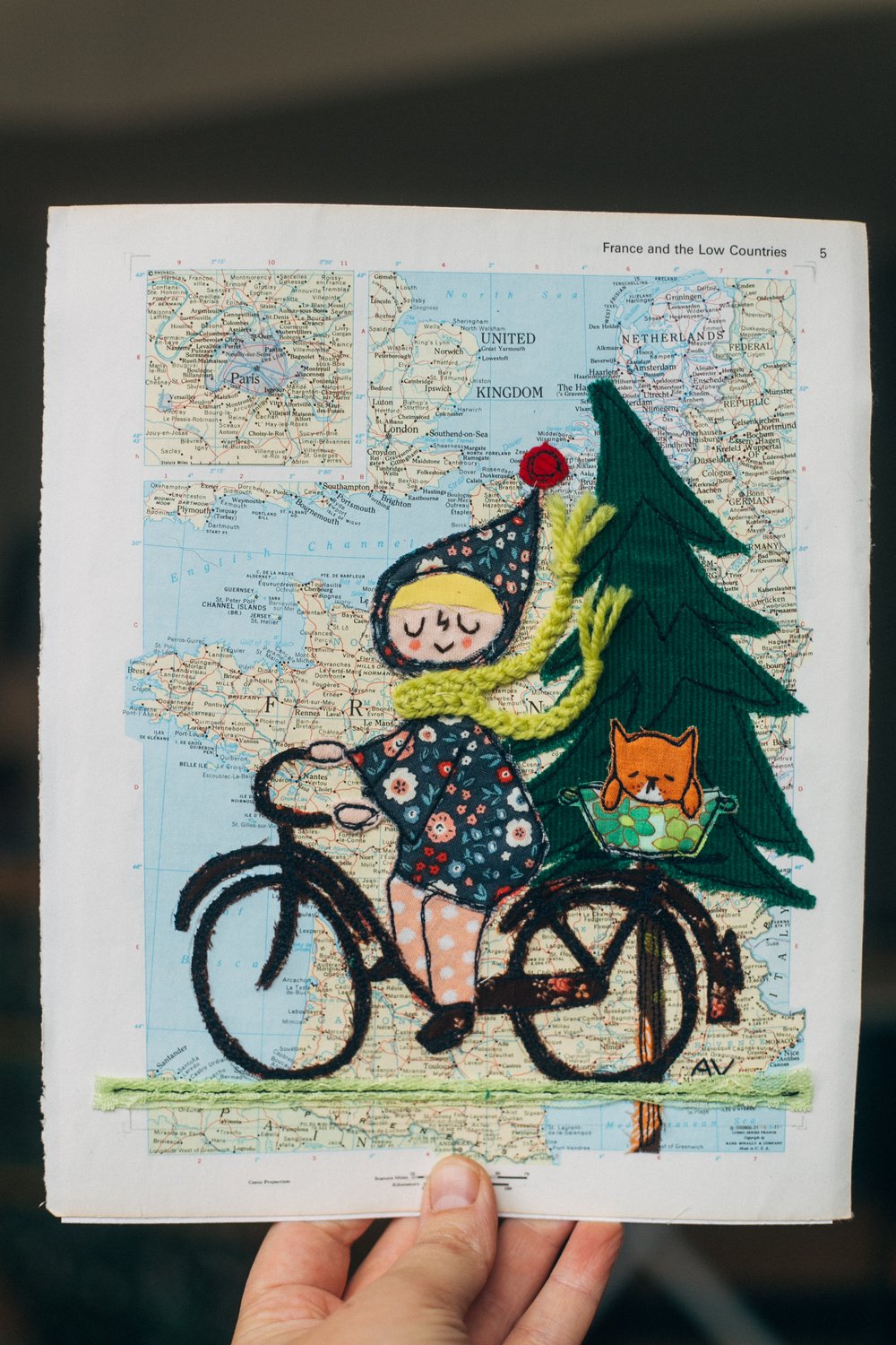 Image of Joyride! - Free Motion machine embroidery on vintage atlas page