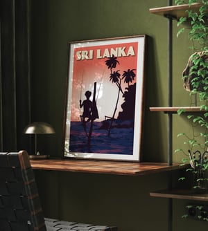 Image of Vintage Poster Sri Lanka - Fisherman on Stilt - Pink - Fine Art Print