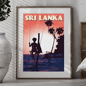 Image of Vintage Poster Sri Lanka - Fisherman on Stilt - Pink - Fine Art Print