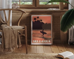 Image of Vintage Poster Sri Lanka - Surfer on the Beach - Coral - Fine Art Print