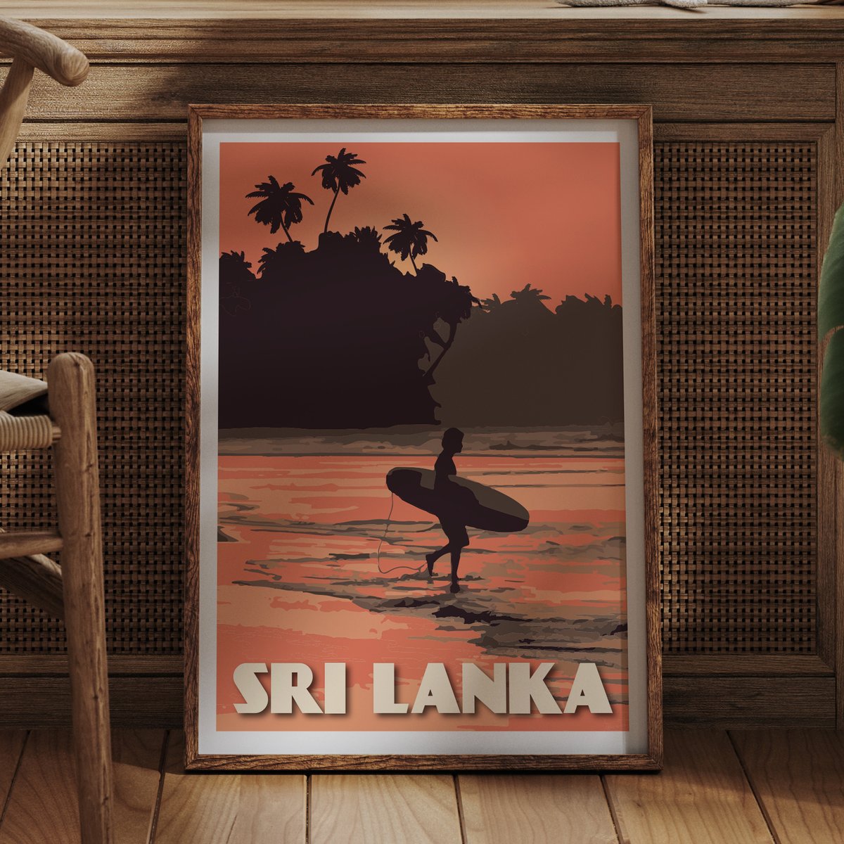 Image of Vintage Poster Sri Lanka - Surfer on the Beach - Coral - Fine Art Print