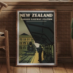 Image of Vintage Poster New Zealand Oamaru | Old Railway Station | Retro Art Poster | Locomotive | Train