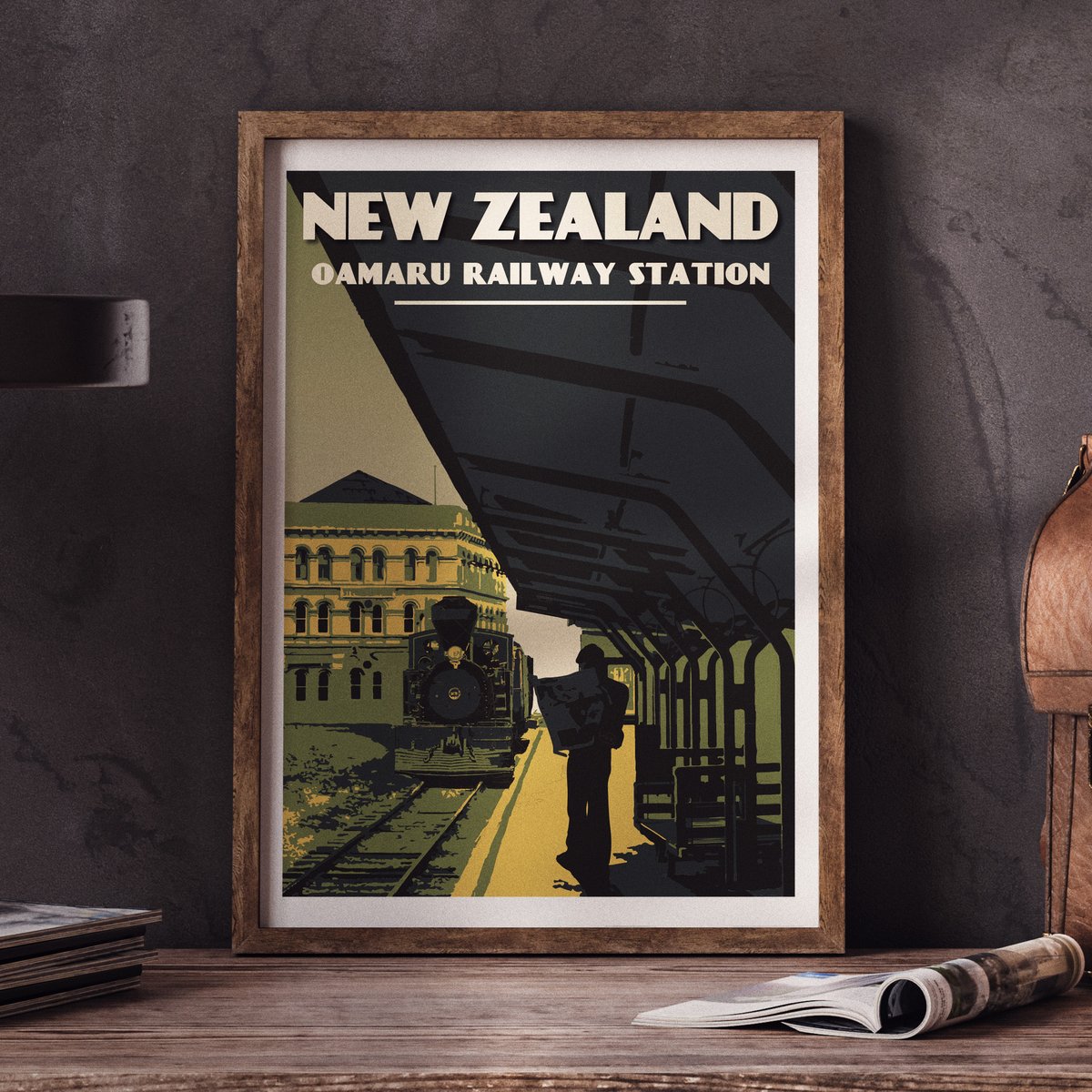 Image of Vintage Poster New Zealand Oamaru | Old Railway Station | Retro Art Poster | Locomotive | Train