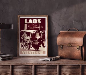 Image of Vintage poster Laos - Vientiane - Tuktuk - Fine Art Print - Purple