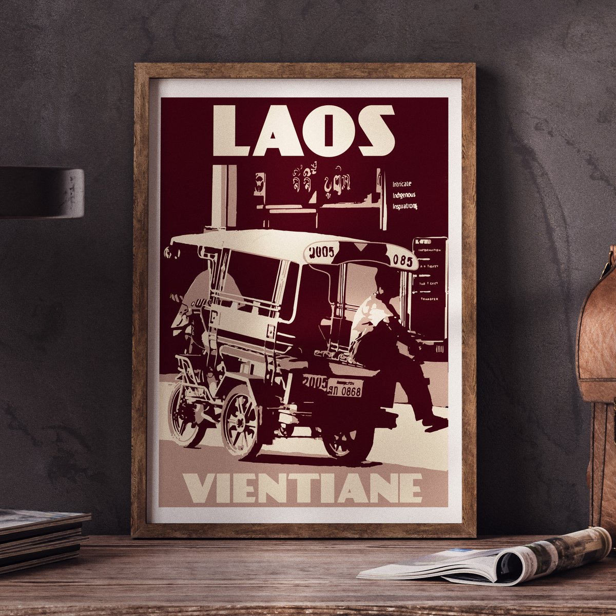 Image of Vintage poster Laos - Vientiane - Tuktuk - Fine Art Print - Purple