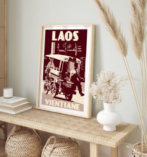 Image of Vintage poster Laos - Vientiane - Tuktuk - Fine Art Print - Purple