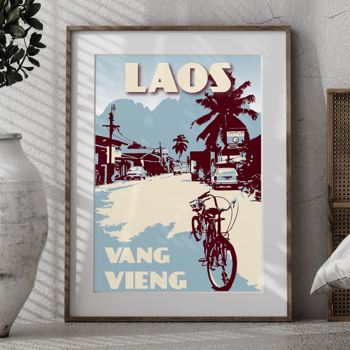 Image of Vintage poster Laos - Vang Vieng - Street - Blue - Fine Art Print