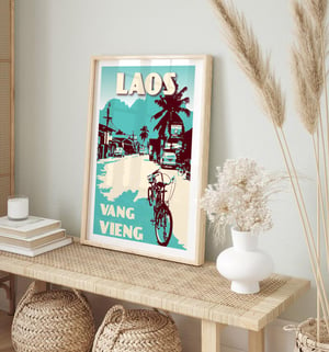Image of Vintage poster Laos - Vang Vieng - Street - Fine Art Print