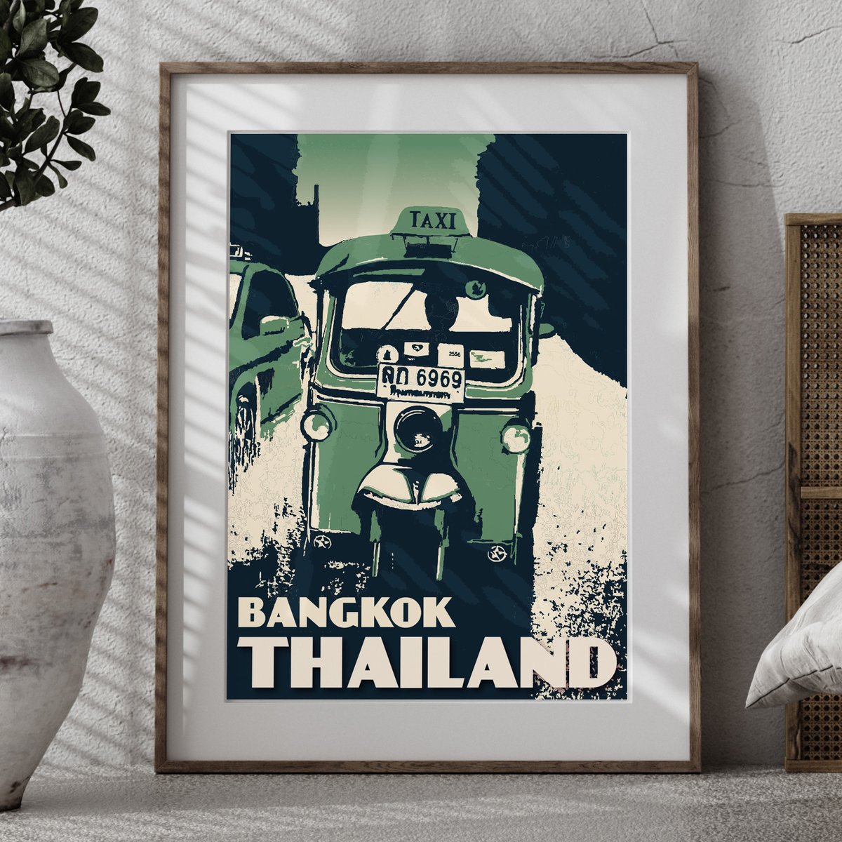 Image of Vintage poster Thailand - Bangkok Tuktuk Tropical Green - Fine Art Print
