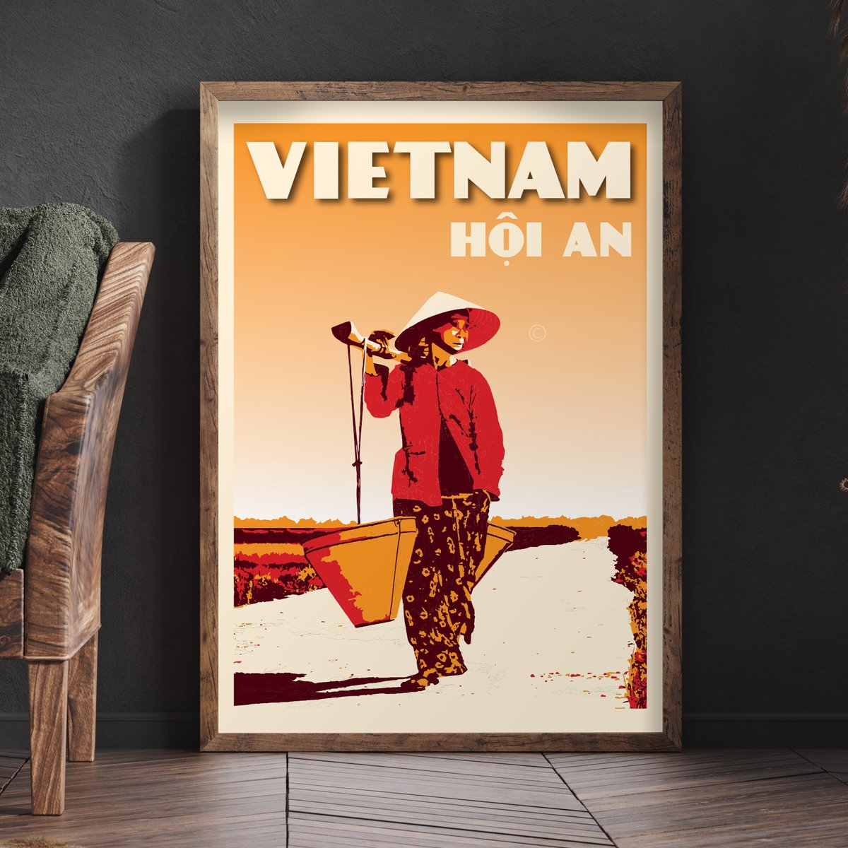 Image of Vintage poster Vietnam - Hoi An Woman in the rice field - Fine Art Print