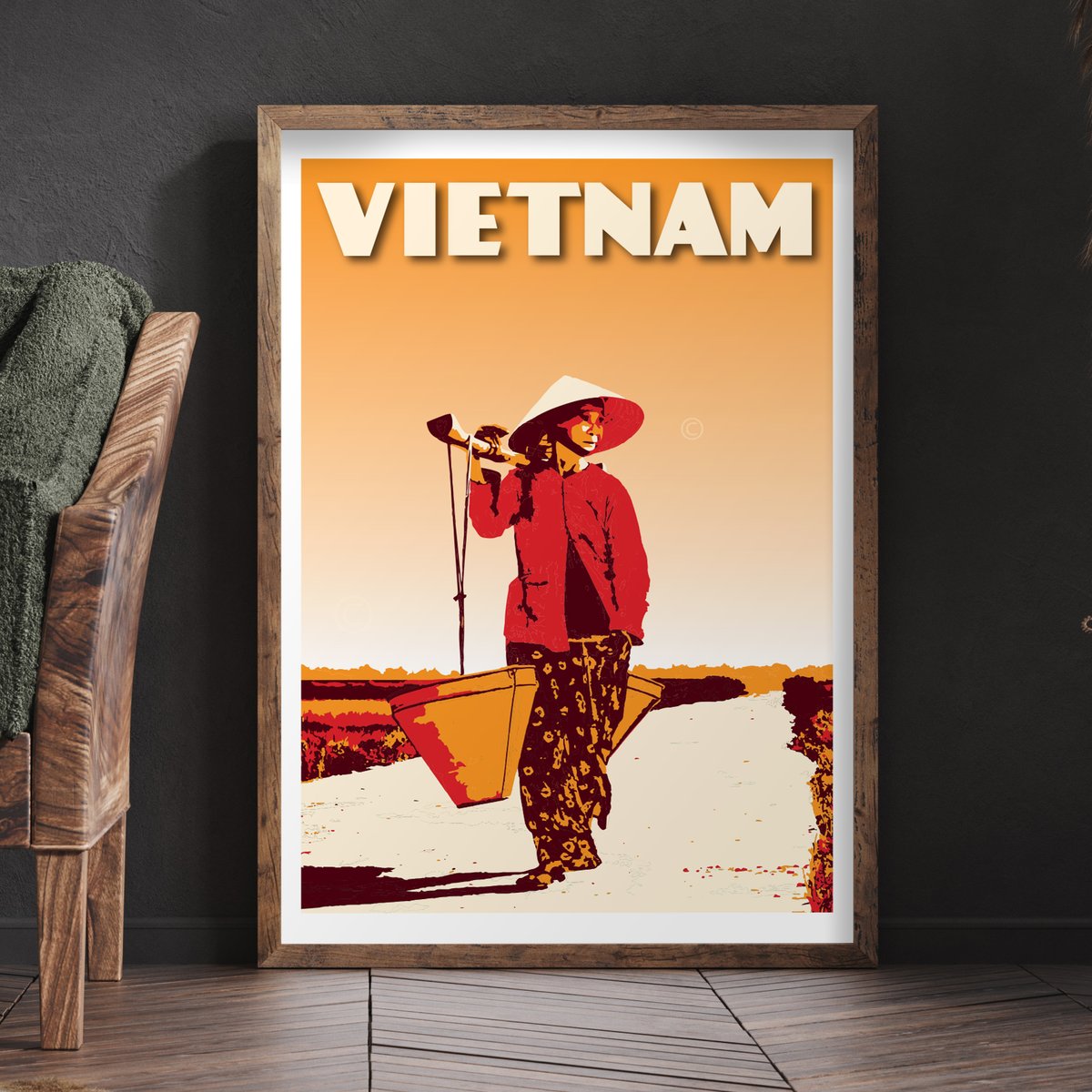 Image of Vintage poster Vietnam - Woman with a bamboo yoke - Fine Art Print