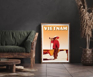 Image of Vintage poster Vietnam - Woman with a bamboo yoke - Fine Art Print