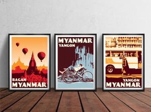 Image of Vintage poster Myanmar - Yangon - Trishaw blue - Fine Art Print