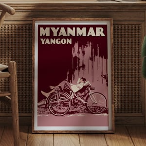 Image of Vintage poster Myanmar - Yangon  - Trishaw - Fine Art Print