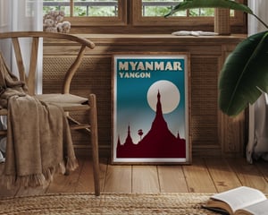 Image of Vintage poster Myanmar - Yangon -Shwedagon blue - Fine Art Print 