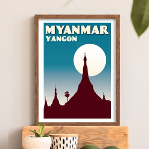Image of Vintage poster Myanmar - Yangon -Shwedagon blue - Fine Art Print 