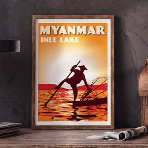 Image of Vintage poster Myanmar - Inle Lake orange - Fine Art Print 