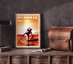 Image of Vintage poster Myanmar - Inle Lake orange - Fine Art Print 