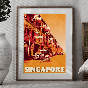 Image of Vintage Poster Singapore - Trishaw ride - Fine Art Print - Orange