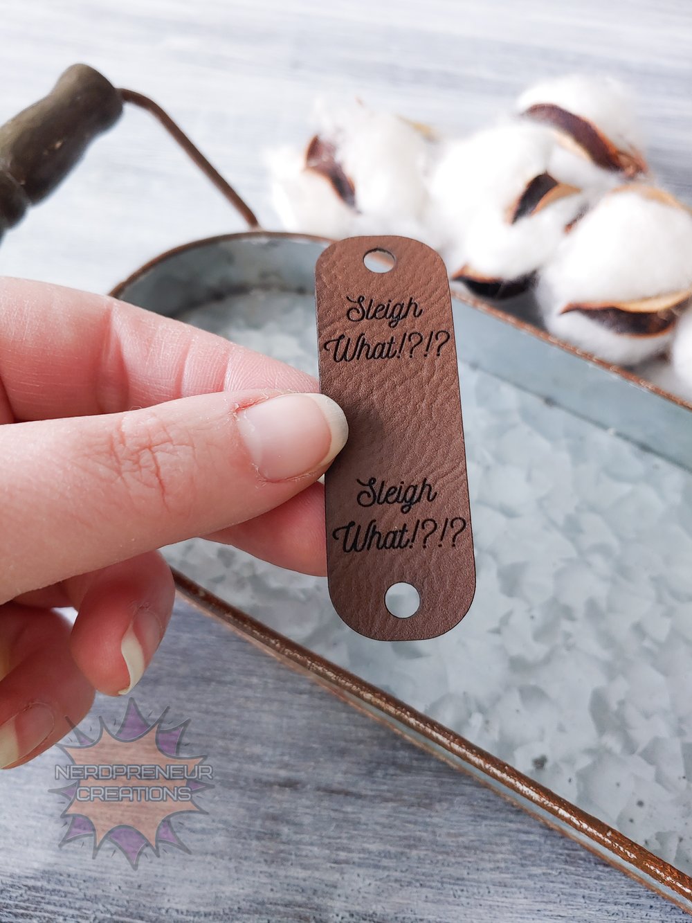 Image of Sleigh What!? Chicago Screw Fold Over Vegan Leather Tags Set of 5 - Beanie Tags - Screws Included
