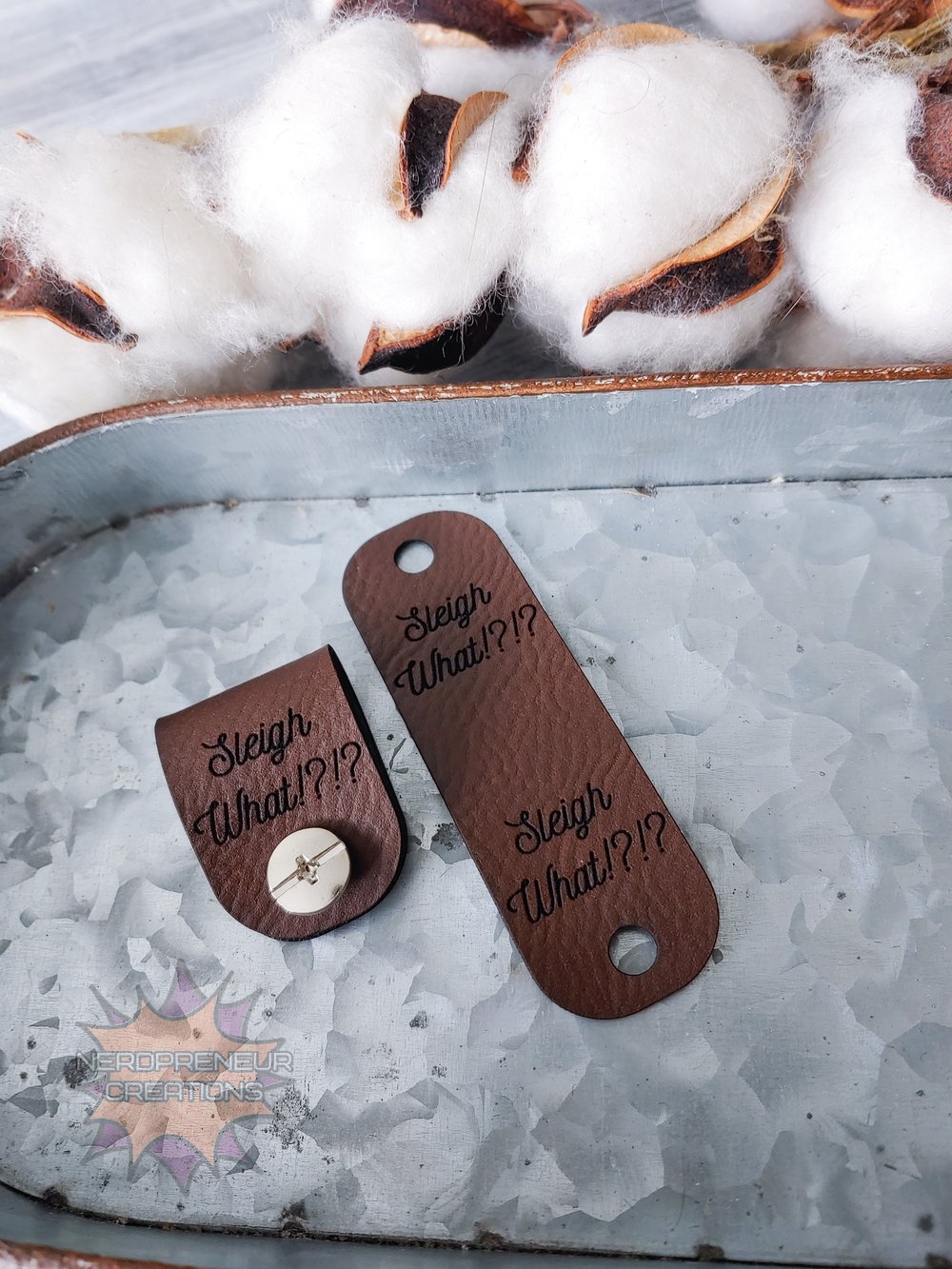 Image of Sleigh What!? Chicago Screw Fold Over Vegan Leather Tags Set of 5 - Beanie Tags - Screws Included