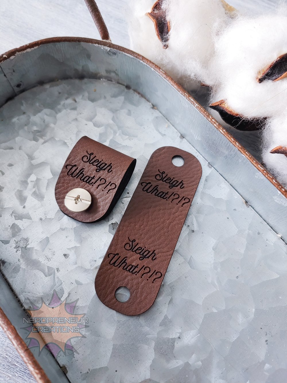 Image of Sleigh What!? Chicago Screw Fold Over Vegan Leather Tags Set of 5 - Beanie Tags - Screws Included