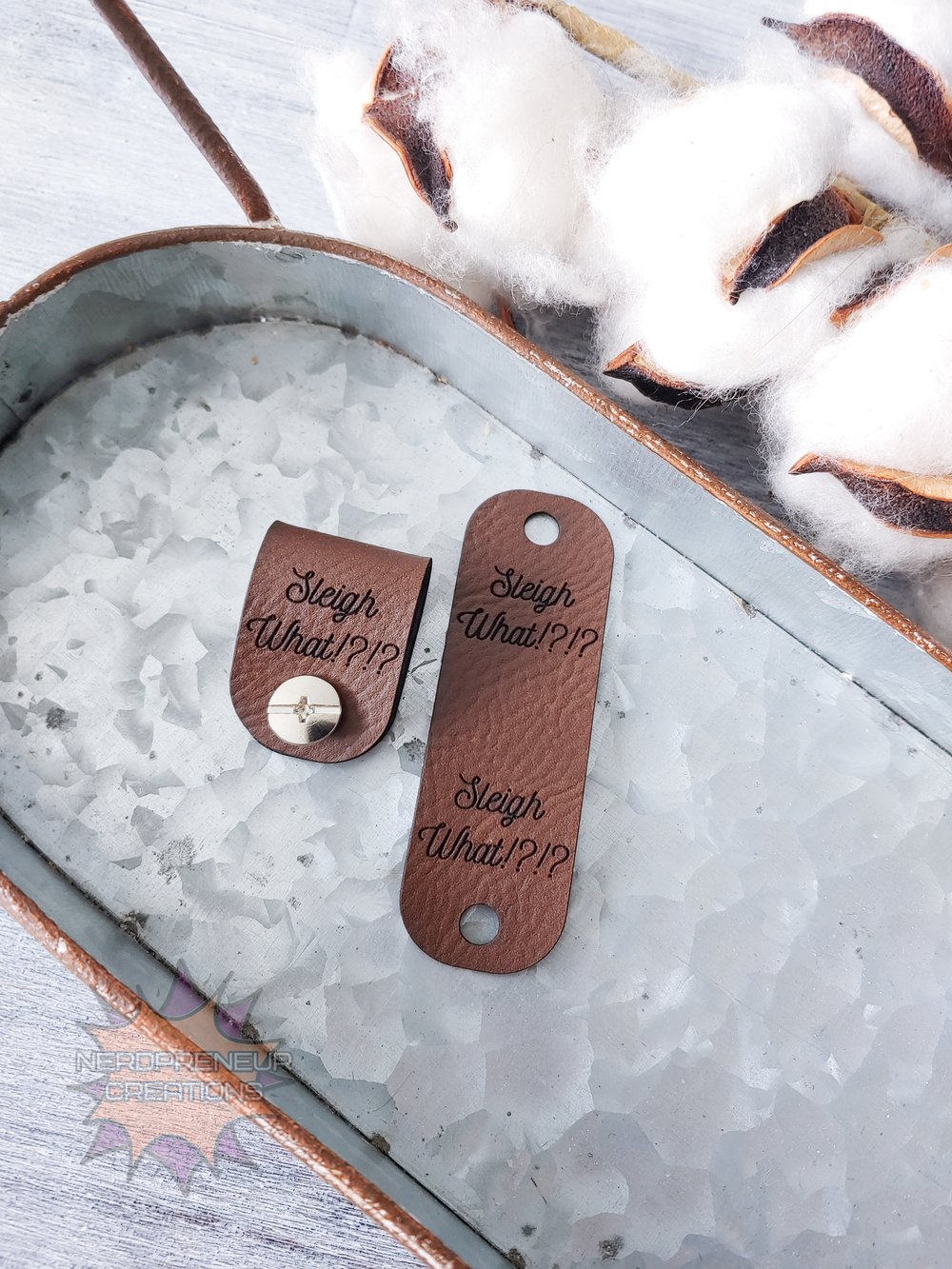 Image of Sleigh What!? Chicago Screw Fold Over Vegan Leather Tags Set of 5 - Beanie Tags - Screws Included