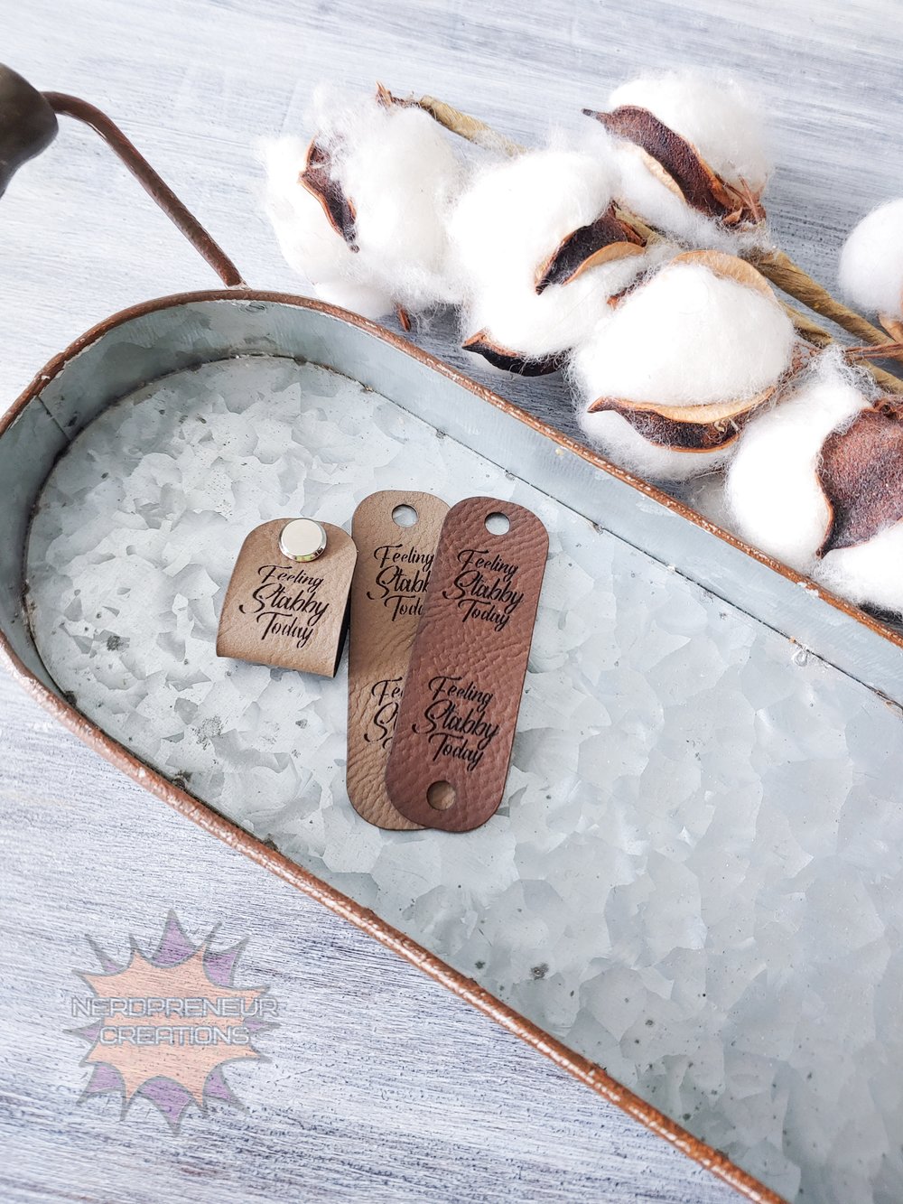 Image of Feeling Stabby Chicago Screw Fold Over Vegan Leather Tags Set of 5 - Beanie Tags - Screws Included