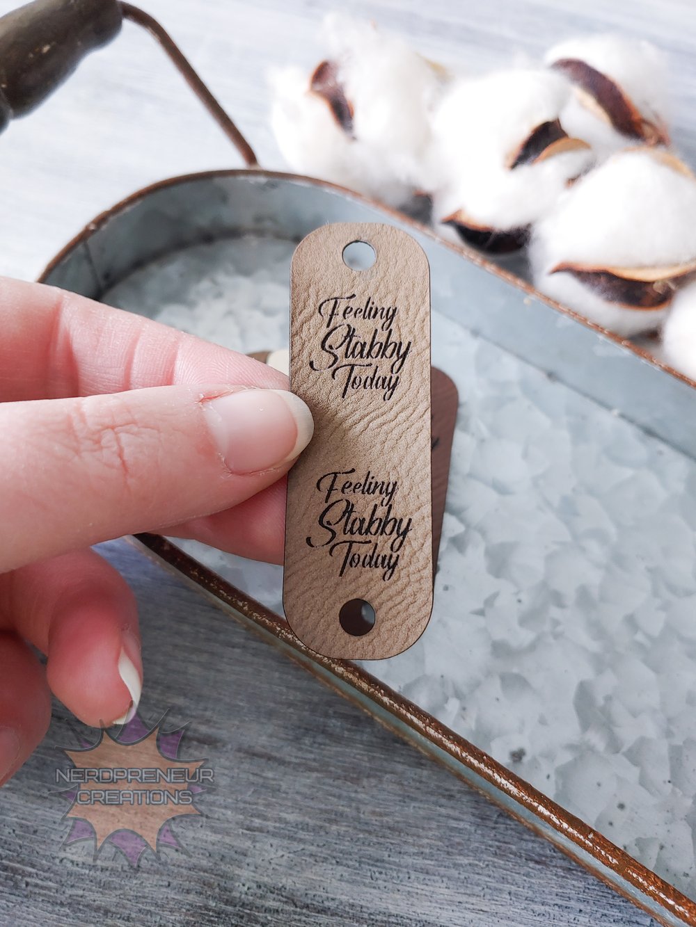 Image of Feeling Stabby Chicago Screw Fold Over Vegan Leather Tags Set of 5 - Beanie Tags - Screws Included