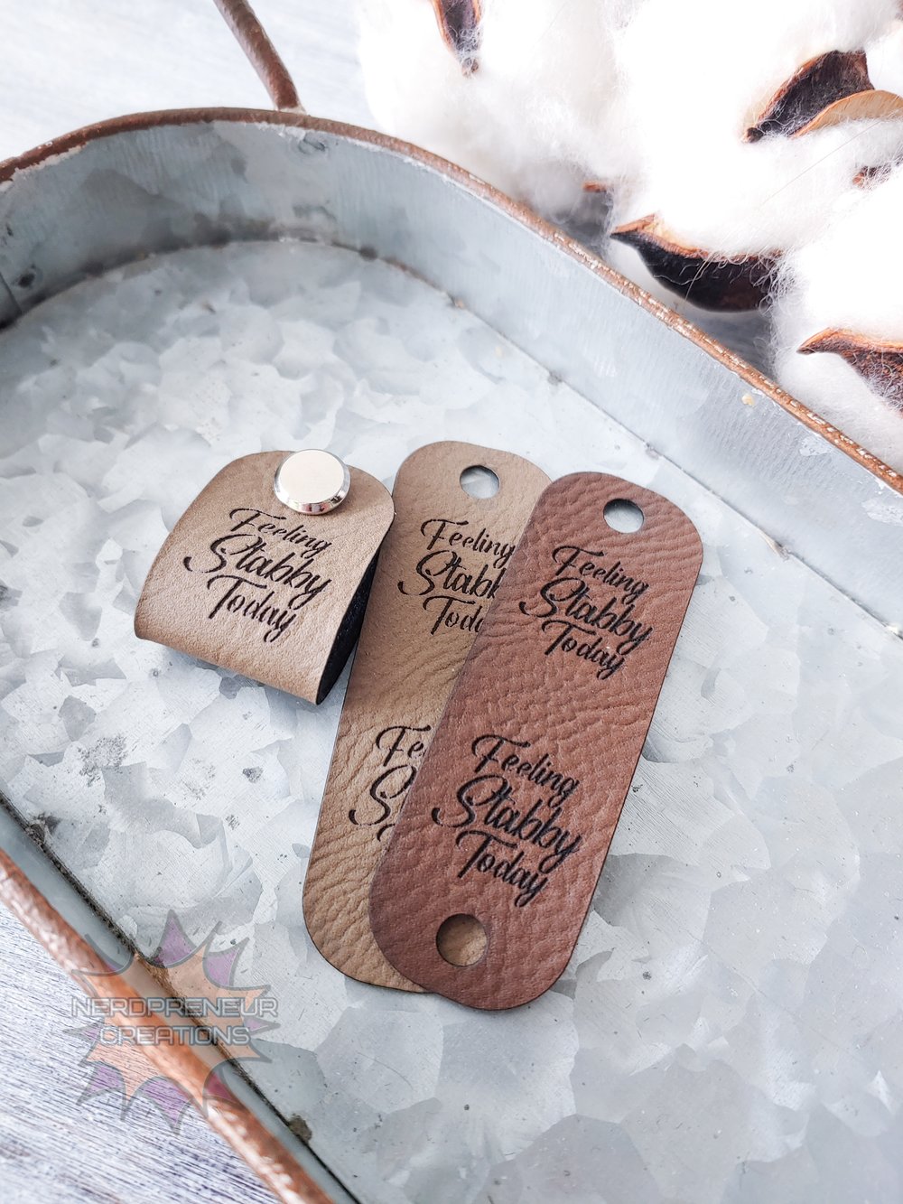 Image of Feeling Stabby Chicago Screw Fold Over Vegan Leather Tags Set of 5 - Beanie Tags - Screws Included