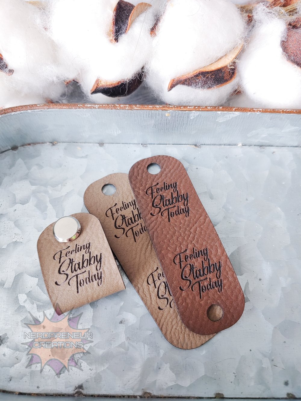 Image of Feeling Stabby Chicago Screw Fold Over Vegan Leather Tags Set of 5 - Beanie Tags - Screws Included