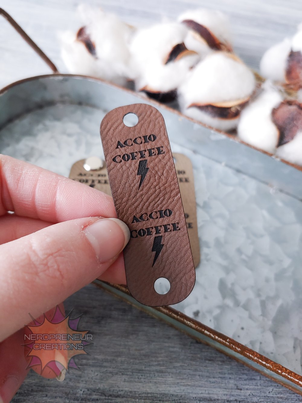 Image of Accio Coffee Chicago Screw Fold Over Vegan Leather Tags Set of 5 - Beanie Tags - Screws Included