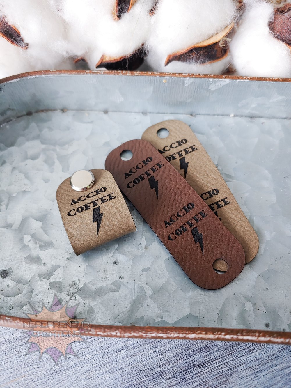 Image of Accio Coffee Chicago Screw Fold Over Vegan Leather Tags Set of 5 - Beanie Tags - Screws Included