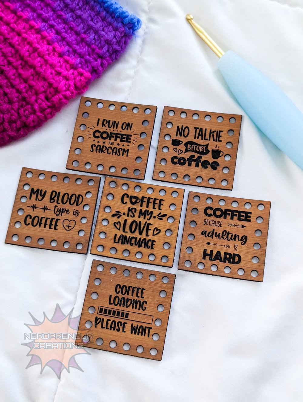 Image of Coffee Lover Themed Multi Design Pack Vegan Leather Patch Set of 6 - Beanie Patches