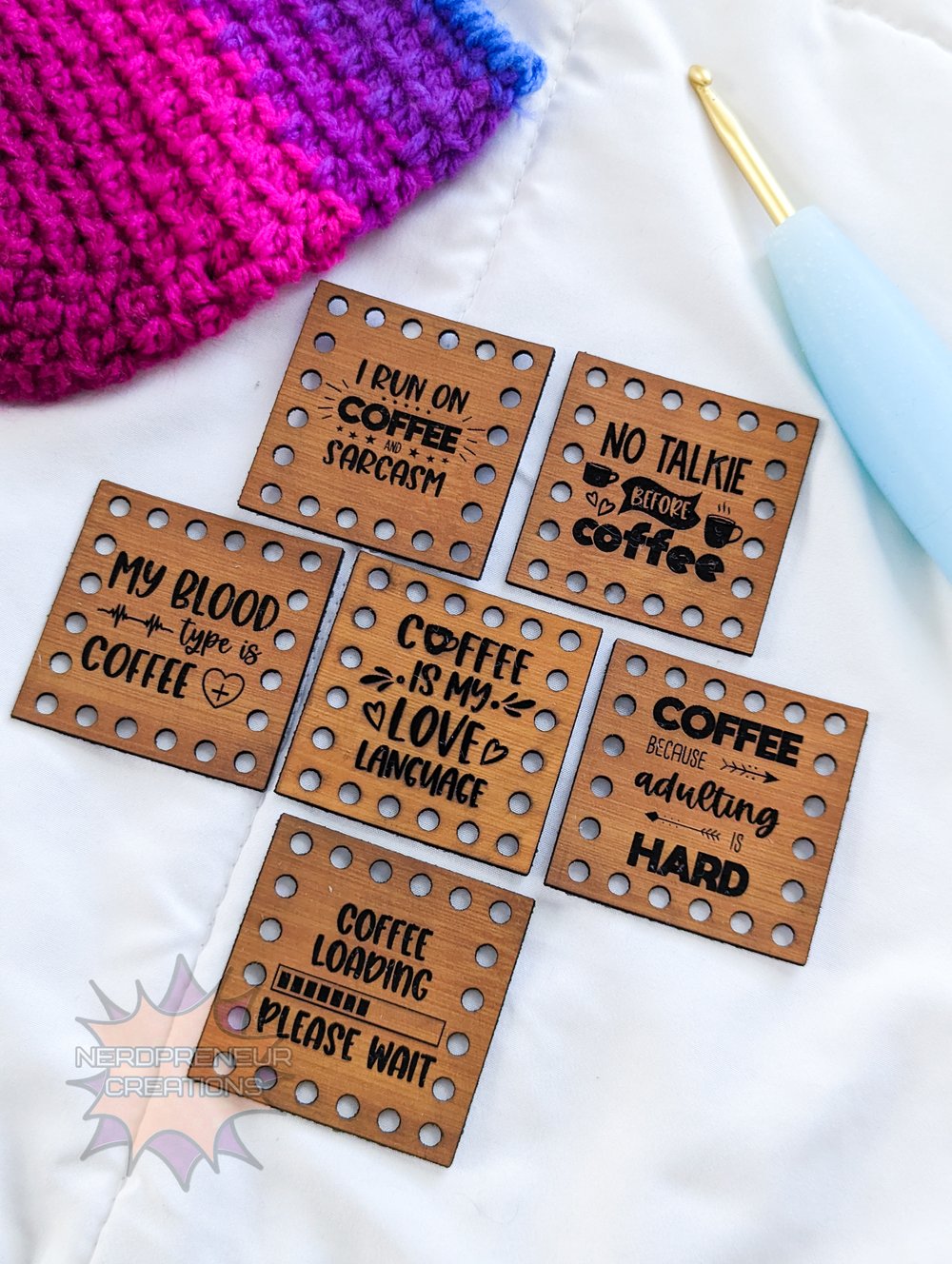 Image of Coffee Lover Themed Multi Design Pack Vegan Leather Patch Set of 6 - Beanie Patches