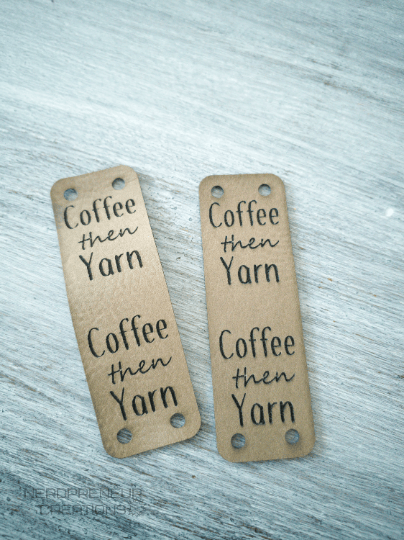 Image of Coffee Then Yarn Fold Over Vegan Leather Tags Set of 5 - Beanie Tags