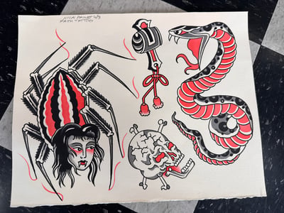 Image of snake, spider lady tattoo flash