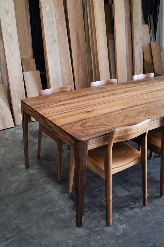 ROSE DINING CHAIR IN TASMANIAN BLACKWOOD WITH AN UPHOLSTERED LEATHER SEAT