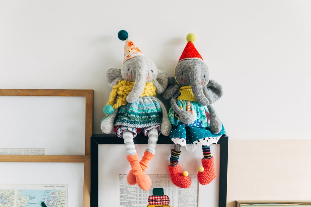 Image of Elise - Wool Filled Sculpted Sock Elephant with removable dress and bloomers