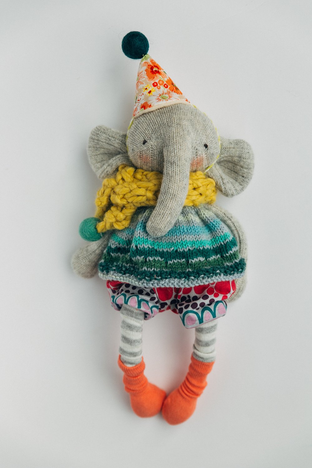 Image of Elise - Wool Filled Sculpted Sock Elephant with removable dress and bloomers