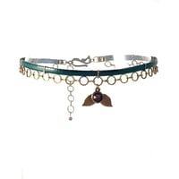 Image 1 of Green Leather and Brass Choker with Garnet Crystal