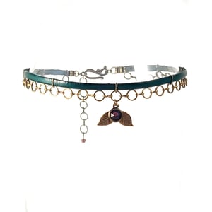 Image of Green Leather and Brass Choker with Garnet Crystal