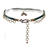 Image 3 of Green Leather and Brass Choker with Garnet Crystal