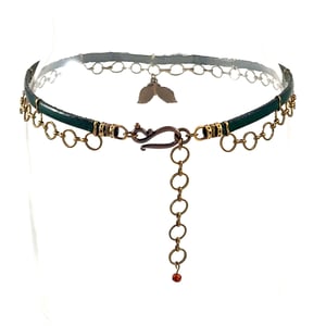 Image of Green Leather and Brass Choker with Garnet Crystal