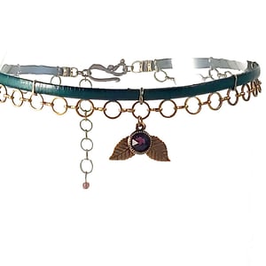 Image of Green Leather and Brass Choker with Garnet Crystal