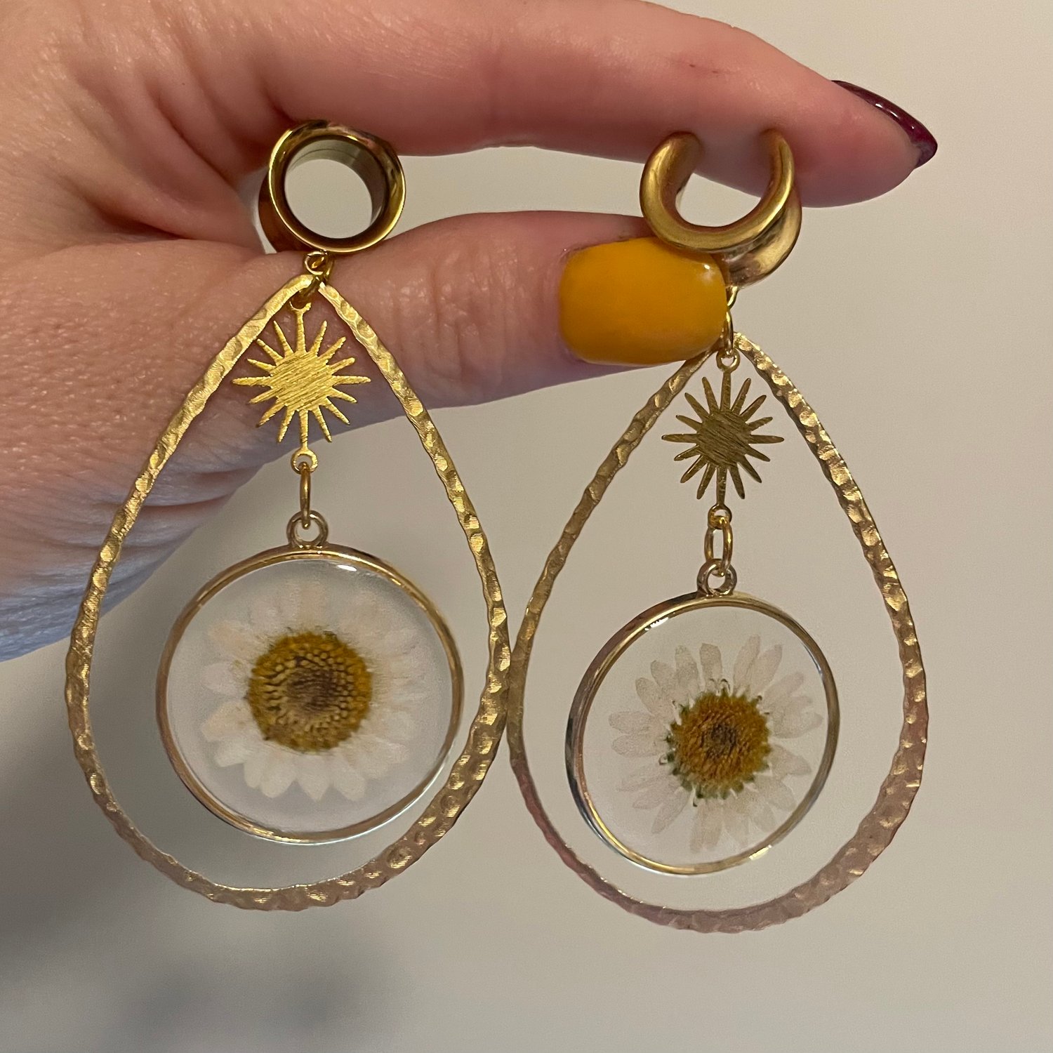Image of Teardrop Pressed Daisy Dangles (sizes 2g-2")
