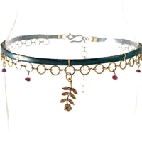 Image 2 of Green Leather and Brass Choker with Flower Stem and Garnets