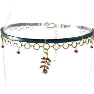 Image of Green Leather and Brass Choker with Flower Stem and Garnets