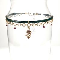 Image 1 of Green Leather and Brass Choker with Flower Stem and Garnets